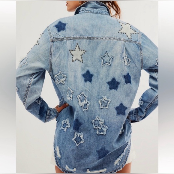 Free People x One Teaspoon Everyday Classic Studded Star Shirt In Johnny Blue - Picture 3 of 12